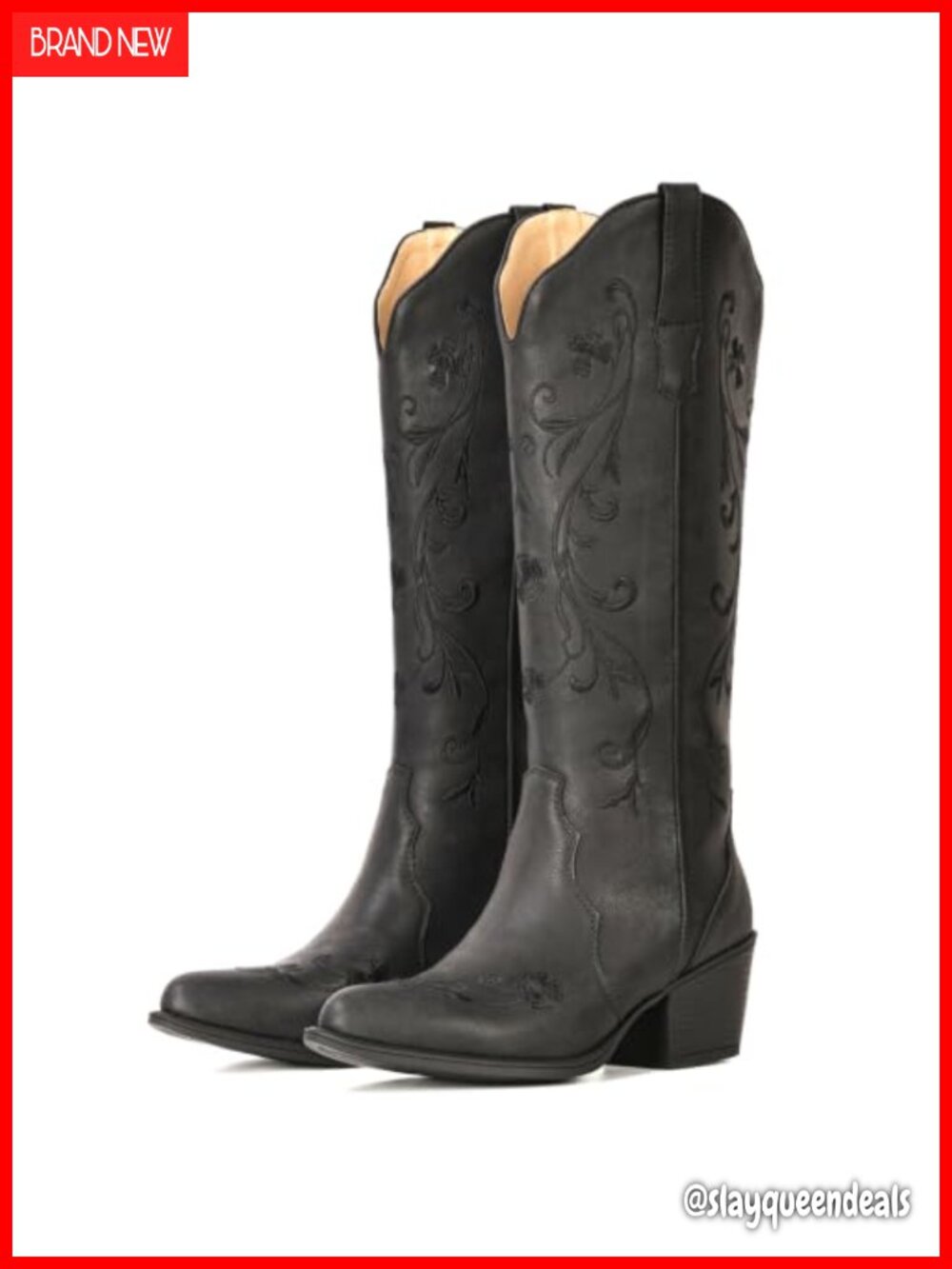 Floral Embroidered Western Cowboy Knee High Boots Faux Leather